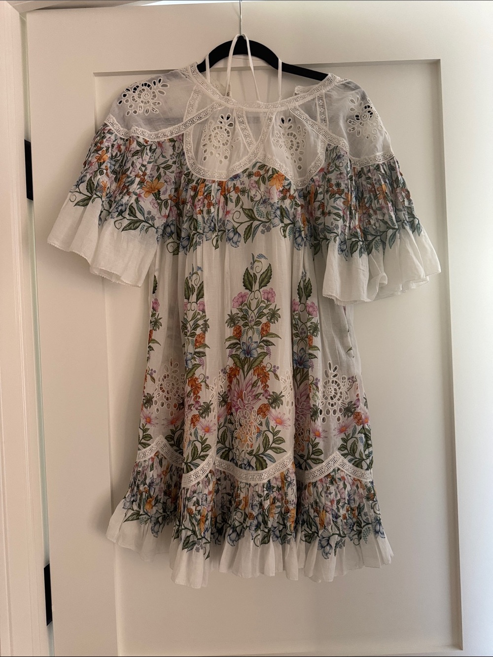 FARM Rio White Floral Eyelet Mini Dress with Multicolor Bouquet
